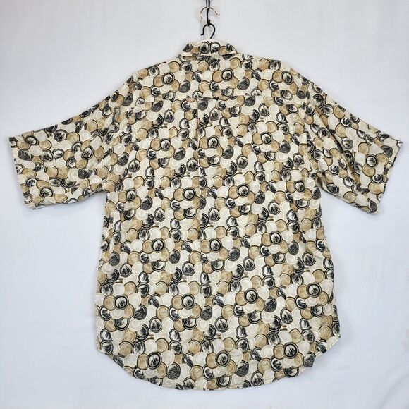 Perry Ellis Button Up 100% Silk Shirt Men M Geo Print Tan Short Sleeve Casual - Picture 2 of 9